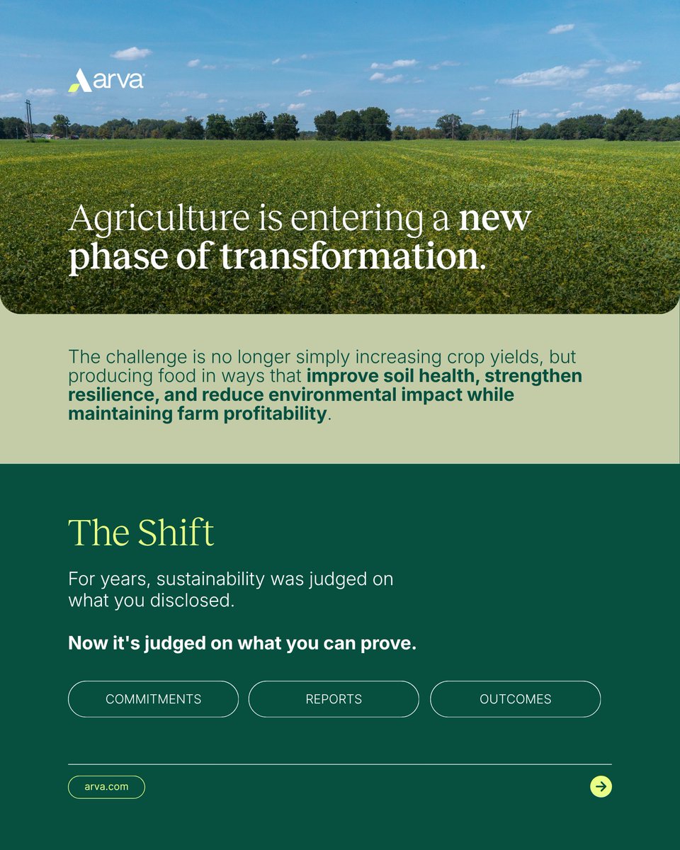 ArvaIntel's tweet photo. We're excited to share that Arva was featured in Sustainability Magazine's 2026 Report: Executive Insights from Leading Companies Shaping the Future of Sustainability.

In the feature, our CEO & Co-Founder, Jay McEntire, shares that the challenge is no longer solely increasing crop yields, but producing food in ways that improve soil health, strengthen resilience, and reduce environmental impact while maintaining farm profitability. 

The next phase of growth is expected to come from closer integration between agronomic expertise, artificial intelligence, environmental data, and supply chain collaboration. 

The organizations shaping the future of regenerative agriculture will be those that can align environmental stewardship with stronger farm economics and make regenerative practices commercially viable at scale.

This points the conversation towards a pivotal question - Is sustainability still a cost center in your business, or has it become a profit center?

Read the full report here:
https://t.co/3fkPHAnvWJ 

#Scope3 #RegenerativeAgriculture #Sustainability #ClimateAction #Agtech