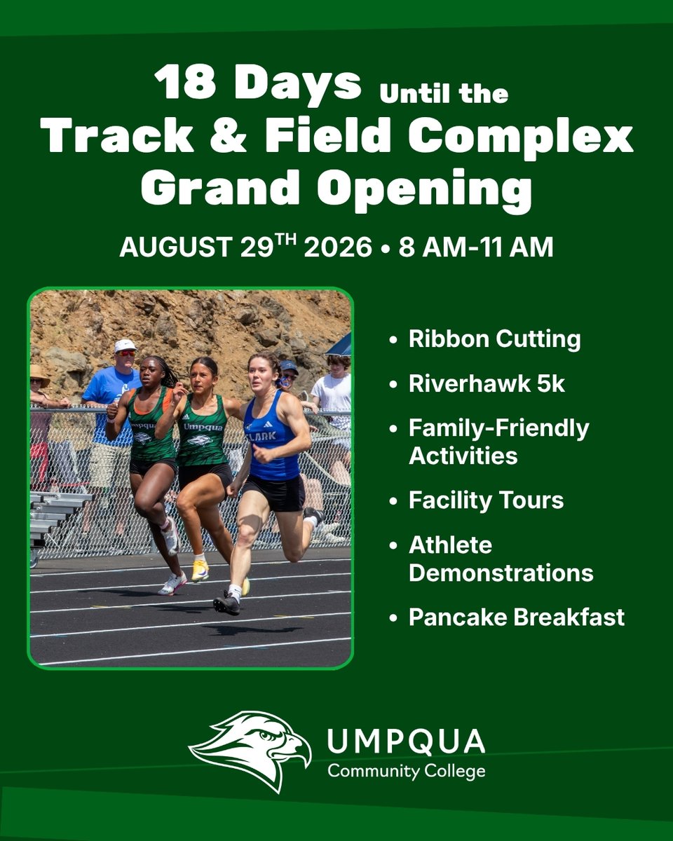 umpquacc's tweet photo. 🎉 Only 18 more days until our UCC Track Grand Opening! 🎉
The countdown is on! Join us on August 29th from 8–11 a.m. as we celebrate this exciting milestone with a morning of community, track and field, and a delicious pancake breakfast! 🥞🏃‍♀️🏃‍♂️

https://t.co/OxlOpPBkeT https://t.co/qr3EGIqKXJ