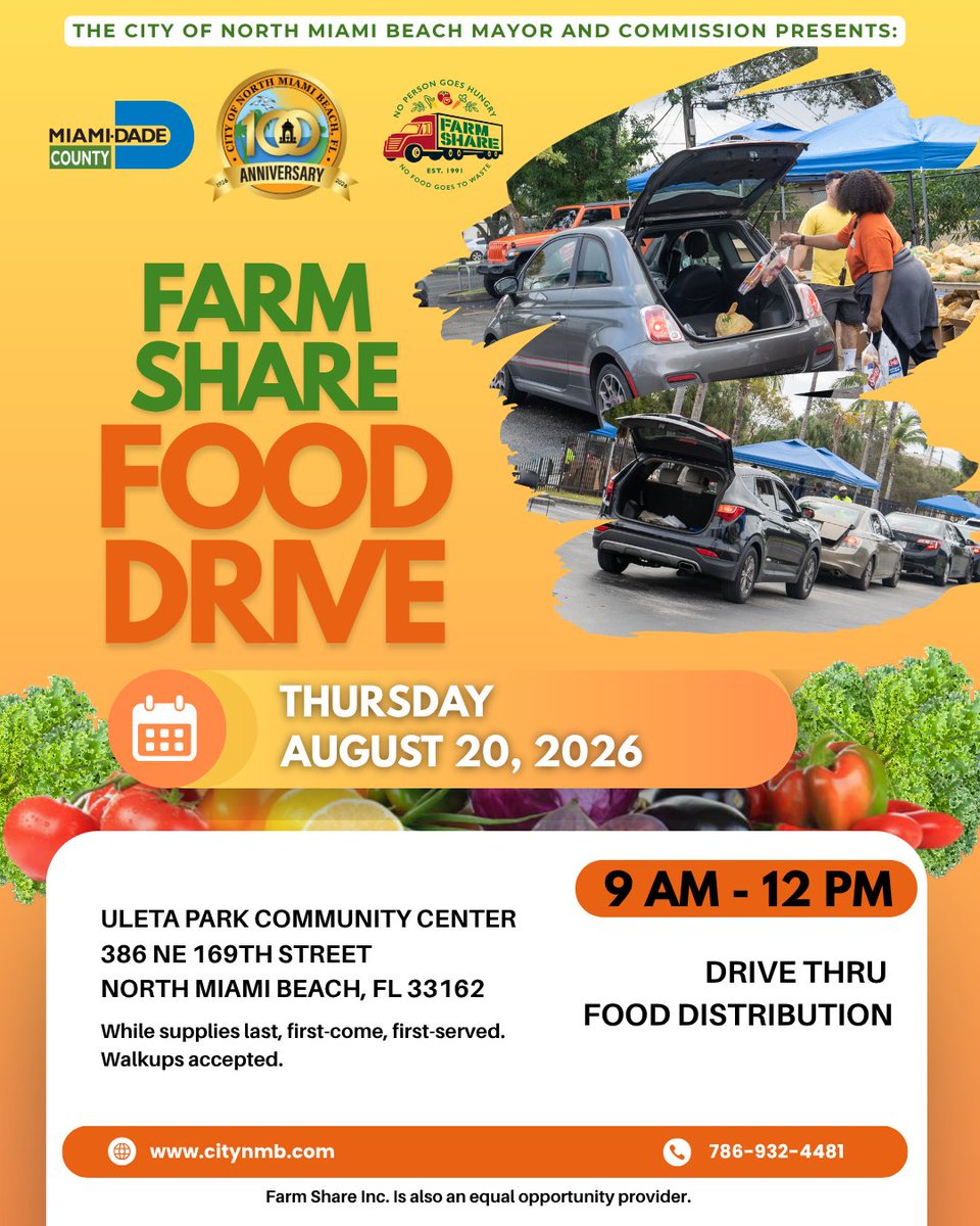 CityNMB's tweet photo. Free Farm Share Food Distribution is coming to North Miami Beach!

Thursday, August 20 | 9 AM–12 PM
Uleta Park Community Center
386 NE 169 TH St. NMB FL 33162
Drive-thru &amp; walk-ups welcome. First-come, first-served while supplies last. https://t.co/SyHzUq3jcp
