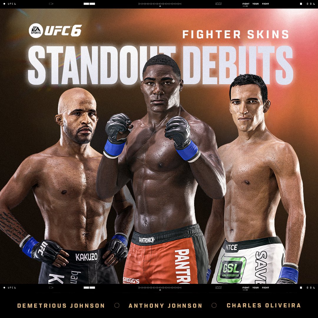 EASPORTSUFC's tweet photo. Before they became legends, they made a statement.
Relive the standout debuts of Demetrious Johnson, Anthony Johnson, and Charles Oliveira with three new Fighter Skins in #UFC6 https://t.co/hQNu2CsEt6
