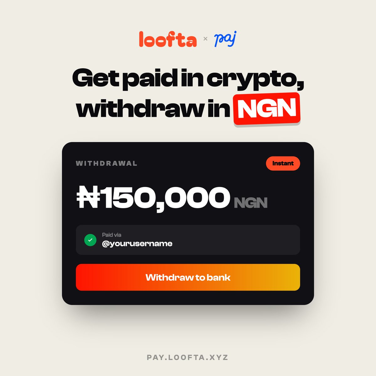 looftapay's tweet photo. Your money should arrive where you actually live.

loofta x @pajcash: get paid in NGN, directly to your bank account 🇳🇬

→ share your loofta payment link
→ get paid to your social @ handle or email
→ cash out straight to naira with Paj Cash

no wallet needed to receive. sender pays in whatever token they hold.

celebrating with a $100 funded giveaway, winners get paid on loofta.
