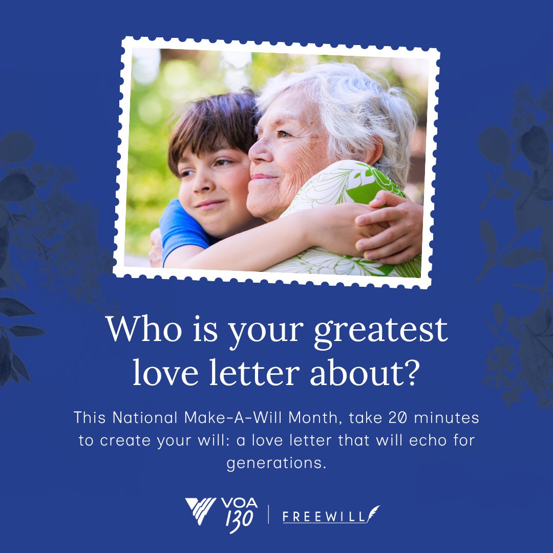 Vol_of_America's tweet photo. Right now, during National Make-A-Will Month, we invite you to create one of life's most lasting expressions of love: an up-to-date will. With our partner @FreeWill_HQ, it’s a simple yet monumental step for you, your loved ones, and your neighbors rebuilding their lives with VOA.

Start today: https://t.co/Outb6qc7h5