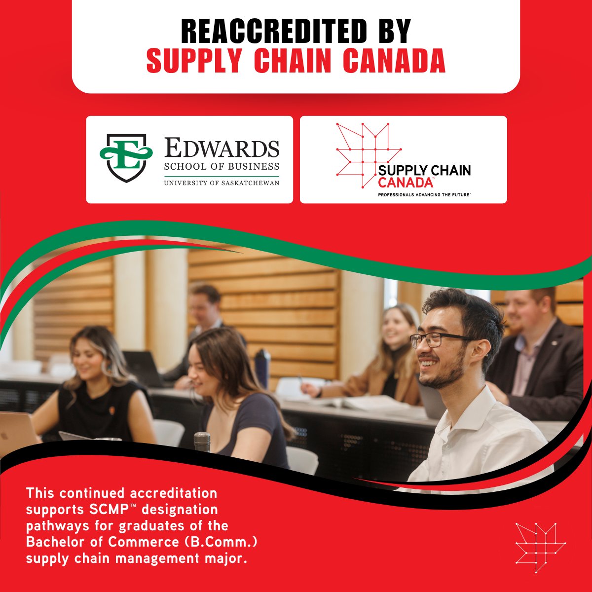 edwards_school's tweet photo. We’re pleased to share that the @usask Bachelor of Commerce (B.Comm.) supply chain management major at the Edwards School of Business has been reaccredited by @supply_chain_ca! #EdwardsProud #Usask https://t.co/vW8w5mDmbG