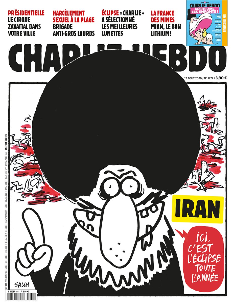 Charlie_Hebdo_'s tweet photo. Iran : ici, c'est l'éclipse toute l'année

👉 Pour la reconnaissance du crime d'écocide par la loi
👉 Le racket immobilier du clan Trump
👉 Contre le harcèlement sexuel à la plage, la brigade anti-gros lourds

En vente mercredi ! https://t.co/ZTfNGnKyHs
