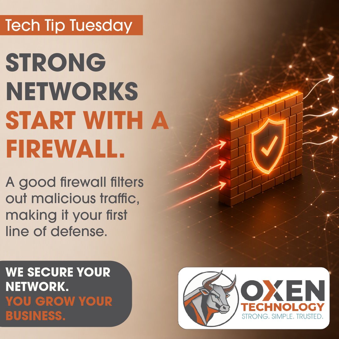 OXENTechnology's tweet photo. ๐ก๏ธ#TechTipTuesday
A firewall acts as a barrier between your business network and incoming traffic; filtering out malicious activity before it reaches your systems.
OXEN helps keep firewalls active, updated, monitored, and properly configured.
Strong protection starts at the perimeter.
https://t.co/c8lJp5i1Gv
#Cybersecurity #ManagedIT #NetworkSecurity