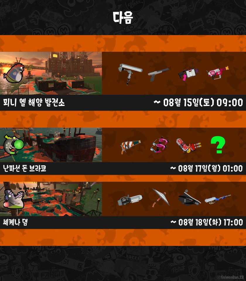 SalmonRun_KR's tweet photo. [ 오픈! ]
연어알젓 교차로 옛터
소방 FF / 스플랫 머누버 / 파라 셸터 / 래피드 블래스터
08월 13일(목) 17:00 까지

[ 다음 ]
뫼니 엘 해양 발전소
다이너모 롤러 / N-ZAP85 / .52 갤런 / R 블래스터 엘리트
08월 15일(토) 09:00 까지 https://t.co/MMSQ1UtFjX