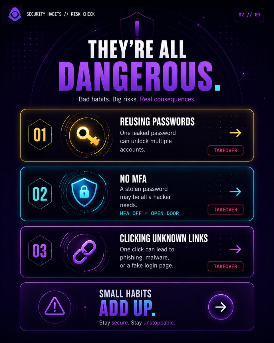 CLOAKCyber's tweet photo. What's the biggest security mistake?

• Reusing passwords
• No MFA
• Clicking unknown links

Answer: They're all dangerous.

The important part isn't being perfect.

It's fixing one habit today.

Small habits add up to stronger security.

#CyberSecurity #CreatorEconomy #CLOAK https://t.co/XTZGfH7wxj
