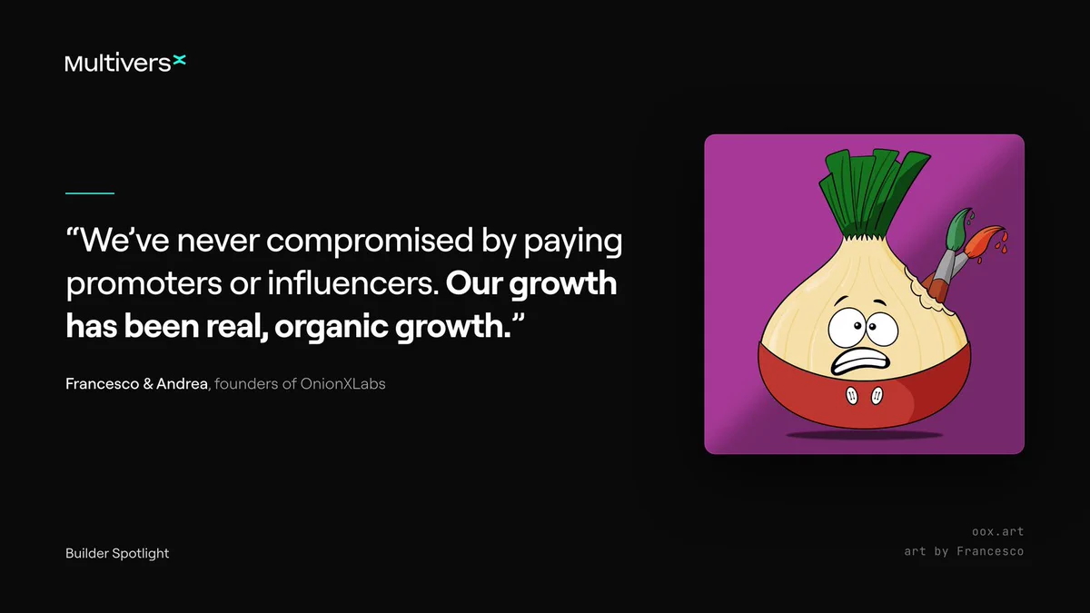 A cartoon onion with a surprised expression holds paintbrushes against a purple background. Quotes discuss organic growth without influencers.