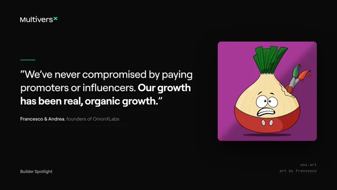 A cartoon onion with a surprised expression holds paintbrushes against a purple background. Quotes discuss organic growth without influencers.