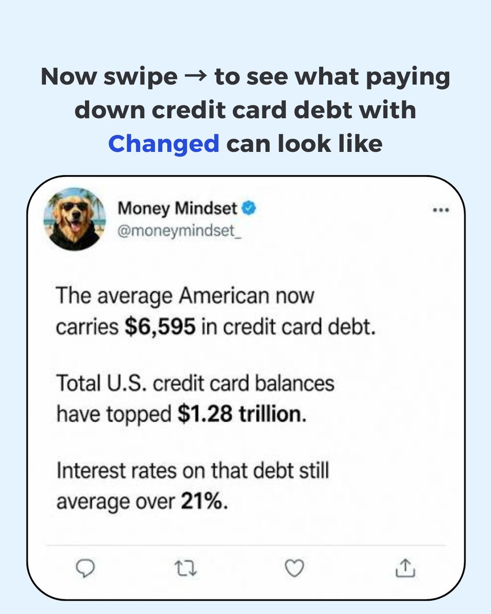 changedapps's tweet photo. Total U.S. credit card debt just topped $1.28 trillion. The average balance: $6,595. The average rate: 21%+. 

All of it! 

That's less than one Chipotle order a month to stop losing hundreds a year to interest.

#ChangedApp #CreditCardDebt #DebtFree https://t.co/vdab9Vpx3K