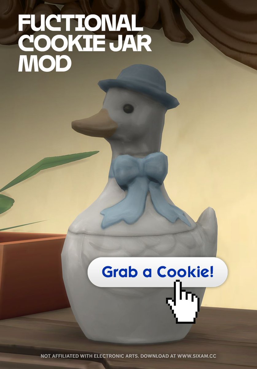 SixamCC's tweet photo. 🚨 FREE MOD 🚨

Turns the decorative Goose Jar from Whimsy Thrifts into a functional cookie jar, click it and your Sims can grab a cookie for a quick treat. Base game compatible, no expansion packs needed. 🍪 🪿 

FREE DOWNLOAD NOW
Visit my webite! https://t.co/JNDI0nmWmp