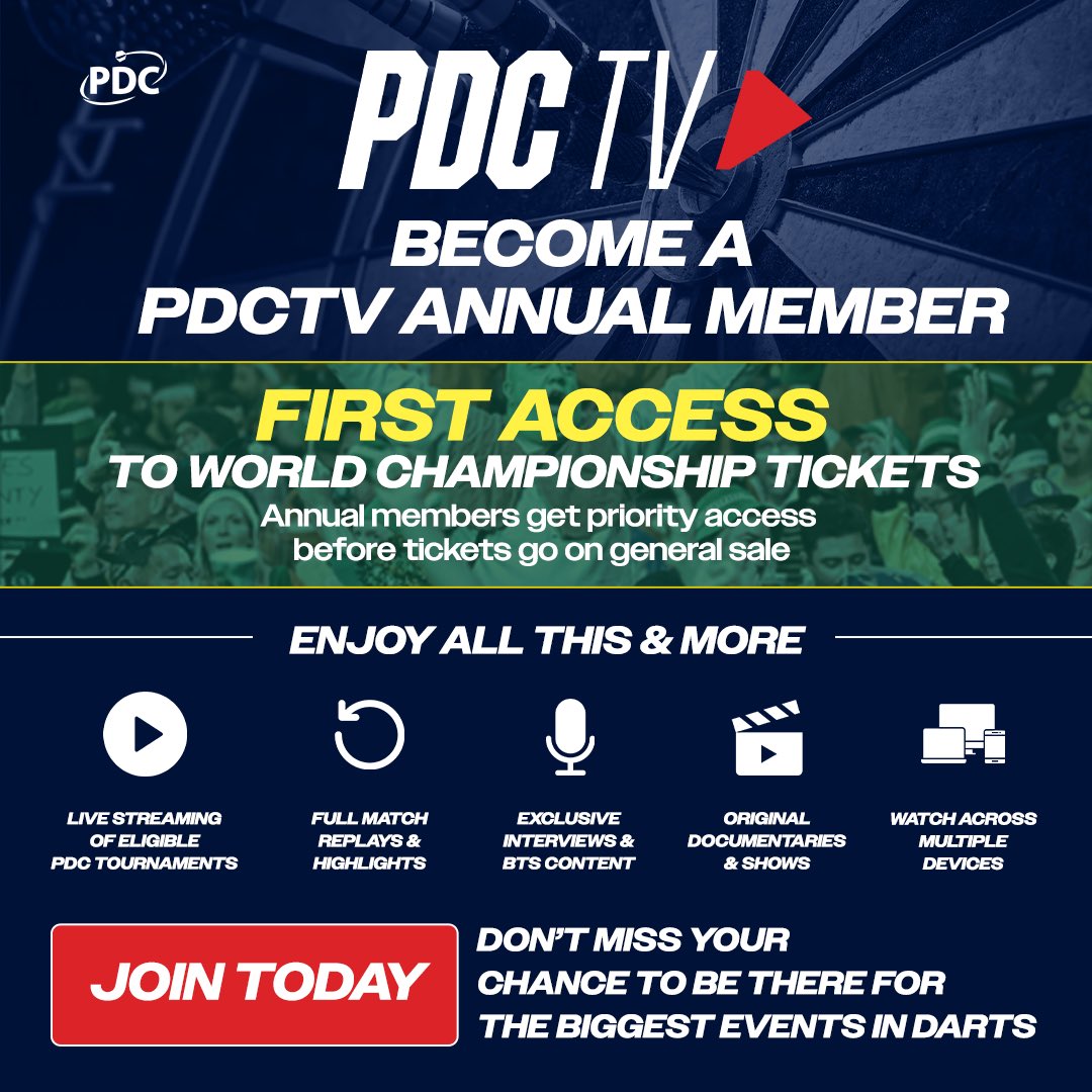 OfficialPDC's tweet photo. Get ahead of the queue for Ally Pally 🎟️🎯

PDCTV Annual Members will get first access to an exclusive ballot for 2026/27 Paddy Power World Darts Championship tickets, before the general sale opens.

Plus, enjoy live darts, full match replays, exclusive interviews, original documentaries and more all year round.

Join today 👉 https://t.co/BvPAHdlNhR