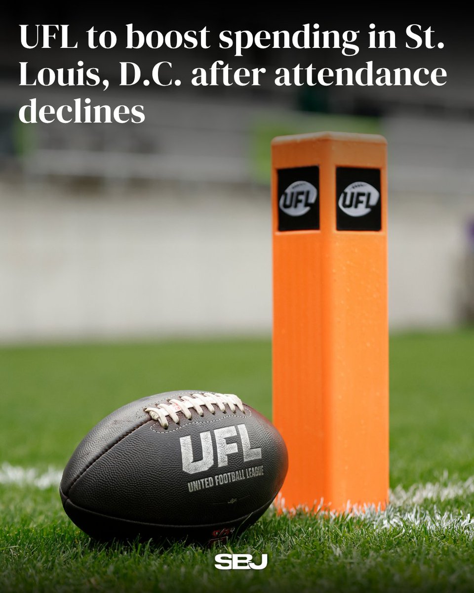 SBJ's tweet photo. The UFL will increase spending on local business-side payroll and marketing for the St. Louis Battlehawks and D.C. Defenders after attendance declines in 2026. 

The league shifted resources toward launching new markets in Louisville, Columbus and Orlando.

MORE: https://t.co/NJuTRWW9uH