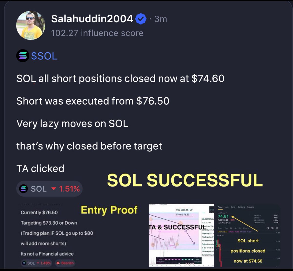 salahuddin2004's tweet photo. solana:So11111111111111111111111111111111111111112 #SOL #SOLUSD
SOL all short positions
closed now at $74.60
Short was executed from $76.50
Very lazy moves on SOL
that’s why closed before target
TA clicked
#crypto #CryptoSignals #salahuddin2004 @CoinMarketCap @coinbase @CoinDesk