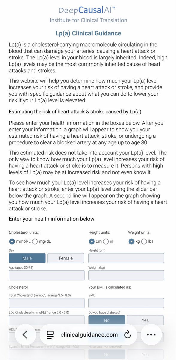 drpablocorral's tweet photo. 👉Based on the evidence we have today. This free, easy-to-use tool translates Lp(a) into estimated lifetime CV risk and shows how modifying other risk factors can mitigate that excess risk. It is not perfect, but it is clinically useful today while we await dedicated Lp(a)-lowering outcome trials.

☝️It was developed alongside the 2022 EAS Lp(a) Consensus and is based on large-scale epidemiologic/genetic evidence and absolute-risk modelling. This is exactly the point: measuring Lp(a) provides actionable information even before specific Lp(a)-lowering therapy is available

https://t.co/Xs0agorsHz

@society_eas 
@LpaForum 
@nationallipid