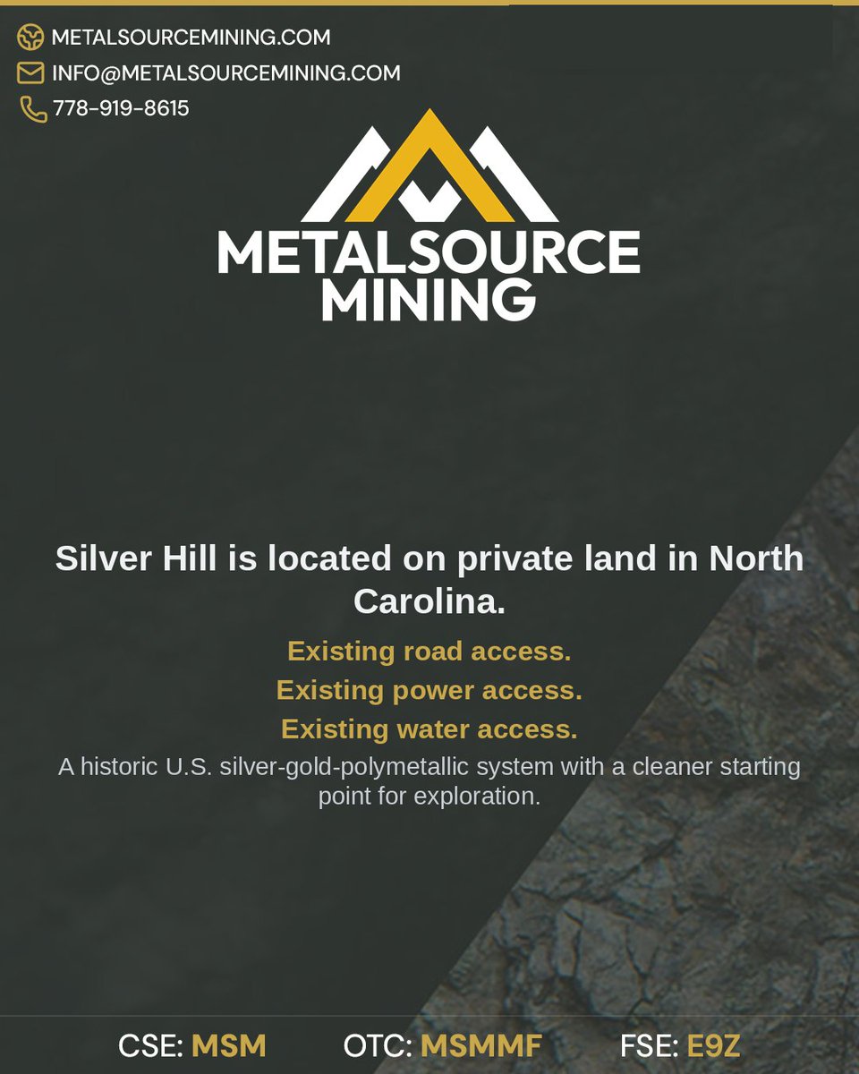Metalsource_inc's tweet photo. Silver Hill is located on private land in North Carolina.

Existing road access.

Existing power access.

Existing water access.

A historic U.S. silver-gold-polymetallic system with a cleaner starting point for exploration.

Questions? Call: 778-919-8615 or Email: info@metalsourcemining.com

CSE: $MSM.CN | OTC: MSMMF | FSE: E9Z

#Mining #Silver #NorthCarolina