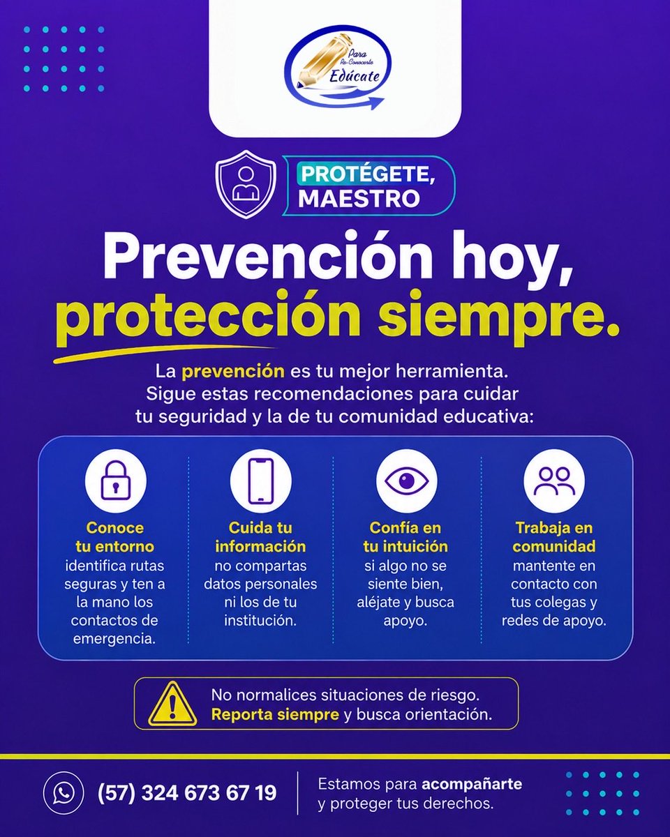 MaestrosEducate's tweet photo. 🛡️ Prevenir también es protegerte.
Maestro, identifica los riesgos, cuida tu información y mantente conectado con tu comunidad.
Tu seguridad empieza con la prevención. https://t.co/JnuN3mxwNx