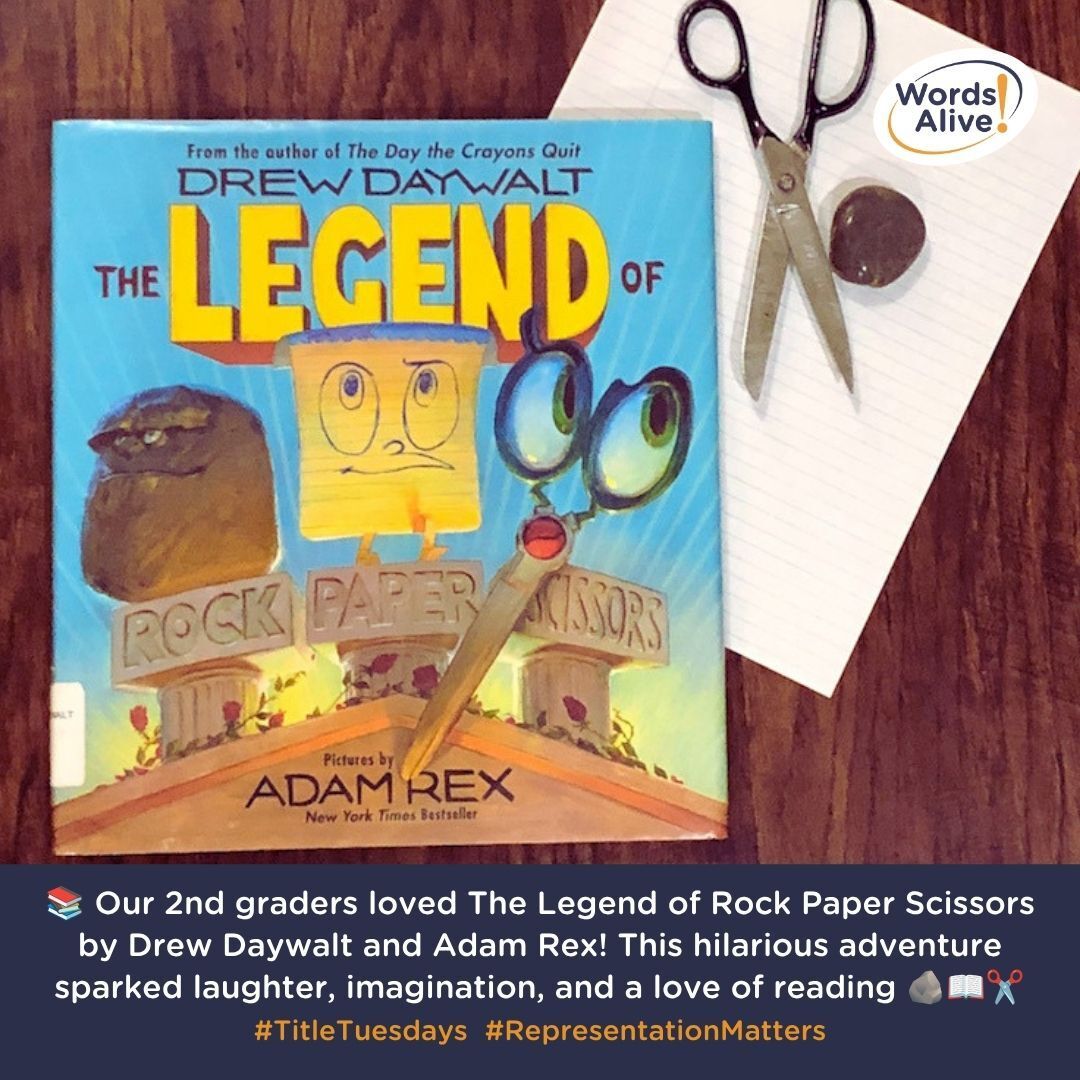 WordsAliveSD's tweet photo. 📚 Title Tuesday! Our 2nd graders loved The Legend of Rock Paper Scissors by Drew Daywalt and Adam Rex! This hilarious adventure sparked laughter, imagination, and a love of reading. A fun favorite for young readers! 🪨📖✂️ #WordsAlive #TitleTuesday https://t.co/mEaZAXLO0y