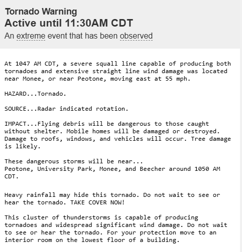 Jasamsdestiny's tweet photo. #Chicago area
#TornadoWarning till 11:30 CDT
At 10:47, a severe squall line capable of producing both tornadoes and extensive straight line wind damage was located near #Monee, or near #Peotone, moving east at 55. https://t.co/JdncxA1ftg
