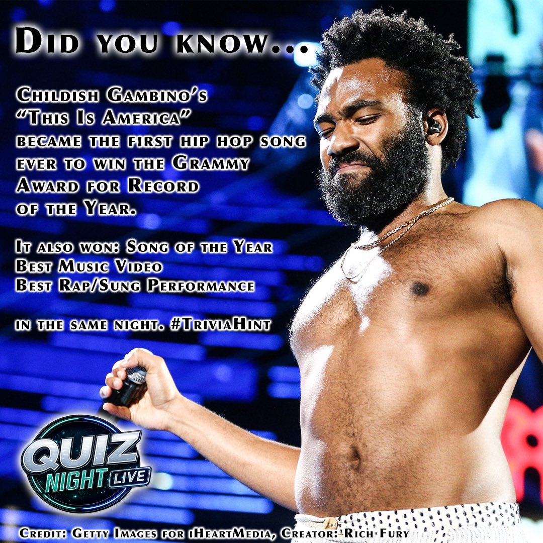 LightsCamSeek's tweet photo. Did you know... Childish Gambino’s “This Is America” became the first hip hop song ever to win the Grammy Award for Record of the Year. It also won Song of the Year, Best Music Video, & Best Rap/Sung Performance in the same night.
Tune in tonight to win! #TriviaHint https://t.co/TqIic8olKq