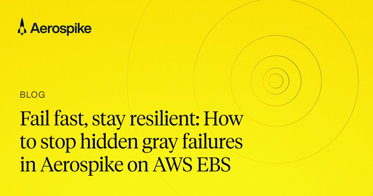 aerospikedb's tweet photo. A nonresponsive EBS volume shouldn't take your entire Aerospike cluster down with it. Here's how to make sure it doesn't: https://t.co/KQDPTV78TH

The default AWS EBS I/O timeout is set to roughly 49 days, meaning a stuck volume will never surface as a failure. #Aerospike keeps waiting instead of routing around it, and performance collapses while everything looks healthy.

Our latest blog walks through the fix, the tradeoffs, and what to test before shipping it to production.

#Aerospike #AWS #EBS #DistributedSystems #CloudInfrastructure #DevOps