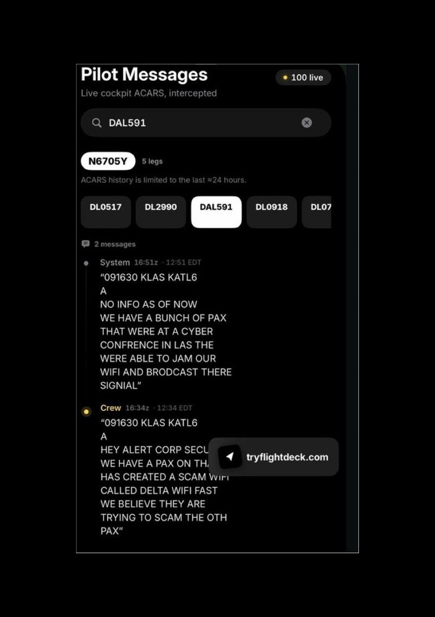 IntCyberDigest's tweet photo. ‼️ BREAKING: Delta confirms an unauthorised Wi-Fi network appeared aboard flight DL591 from Las Vegas to Atlanta on 10 August, carrying passengers home from DEF CON 34. Attackers were possibly using a WiFi Pineapple in flight.

Crew ACARS messages, intercepted by ground receivers, warned corporate security of a "scam wifi called Delta Wifi Fast" targeting other passengers.

Delta says nothing was hacked. Crew killed the Wi-Fi for 30 minutes.