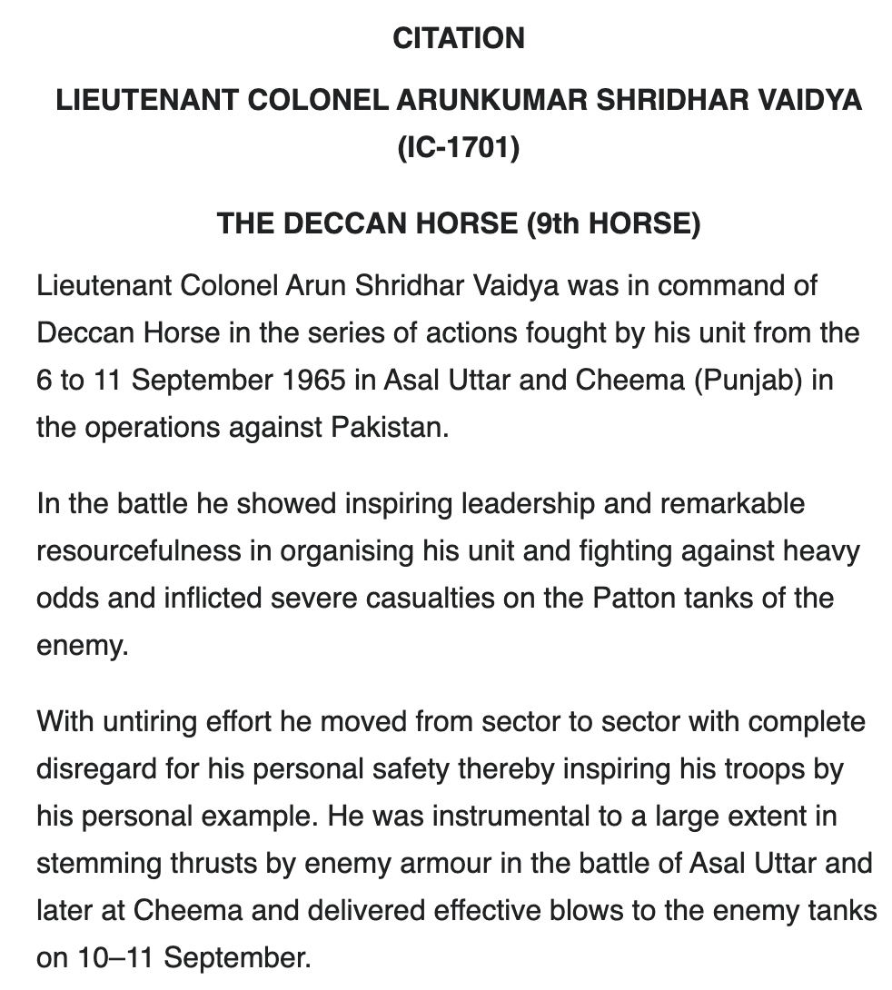 goldenarcher's tweet photo. It has been 40 years since his assassination in Pune. I was a boy in Old Ziro.

General General Arunkumar Shridhar Vaidya, PVSM, MVC & Bar, AVSM, ADC 

(July 27, 1926 – August 10, 1986)

Gen Vaidya was a war hero. He got the Maha Vir Chakra twice – for his gallantry in Battle of Chawinda during the 1965 India-Pakistan war and in the famous Battle of Basantar during the 1971 India-Pakistan war.

The two citations are attached.