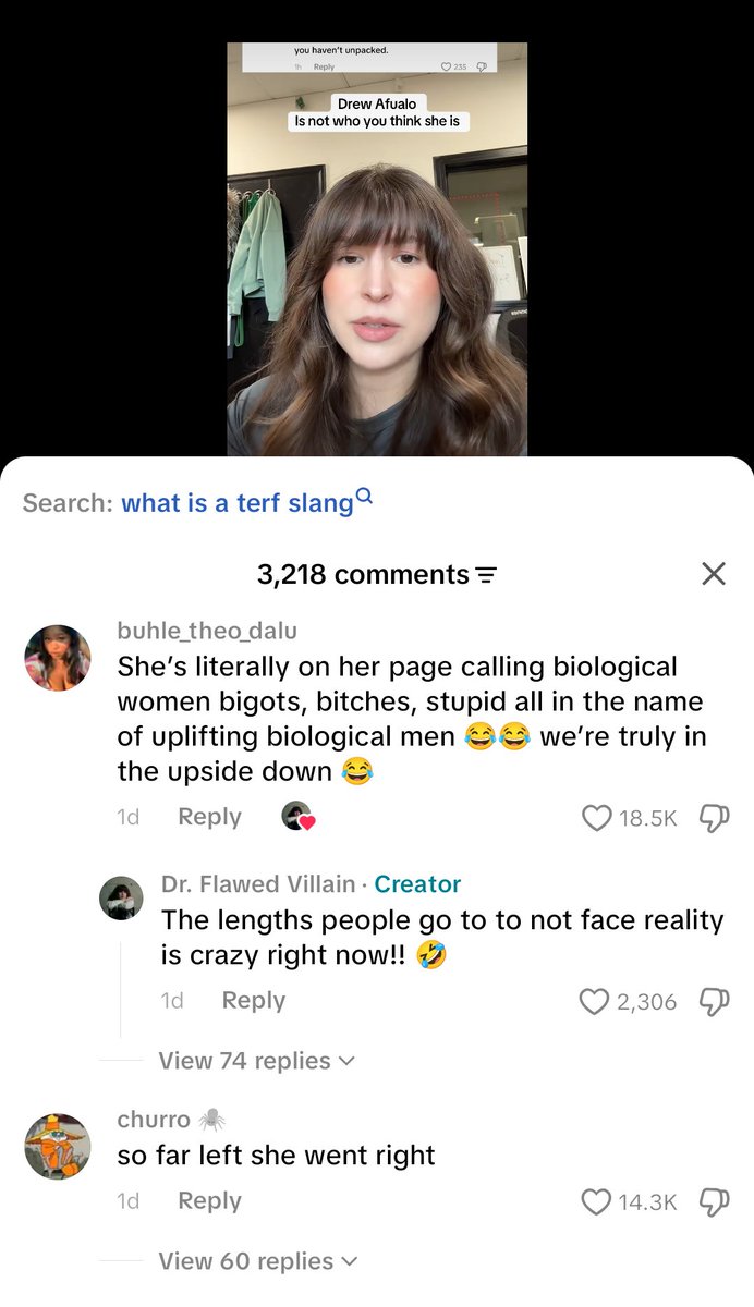 muscledyke's tweet photo. almost want to shake drew afualo 's hand. she's inadvertently woken up SO many women to the misogyny of trans identified males, and in turn has made them realize how bioessentialist the movement is as a whole. thanks drew! https://t.co/H1ua29H6j8