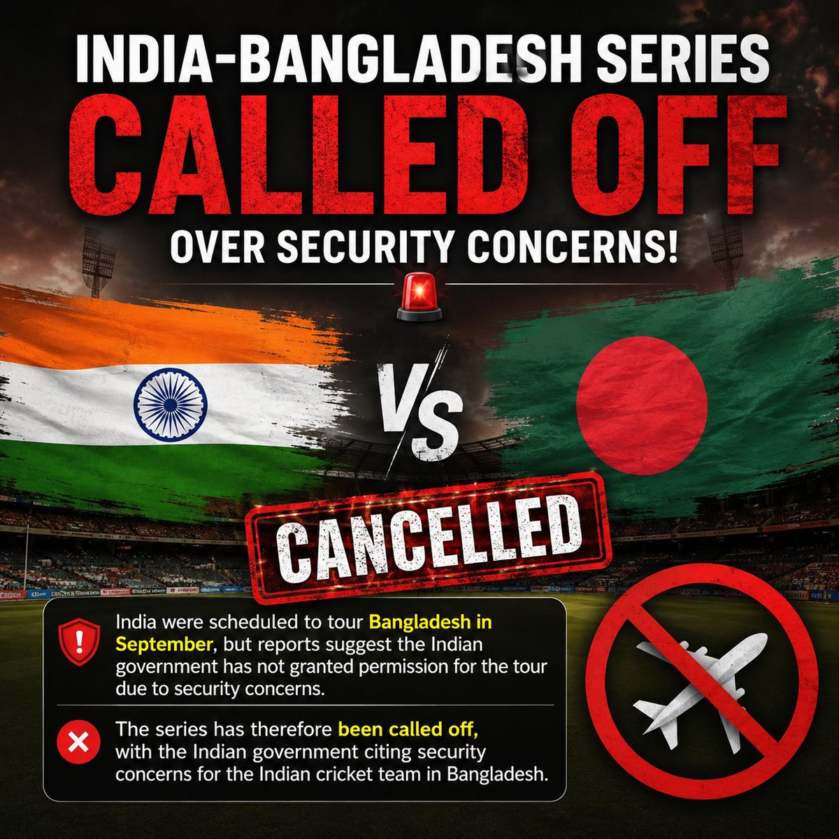 SportsPulse_PK's tweet photo. 🚨 India-Bangladesh Series Called Off Over Security Concerns!

India were scheduled to tour Bangladesh in September, but reports suggest the Indian government has not granted permission for the tour due to security concerns.
#Cricket https://t.co/HvAgDkNj6V