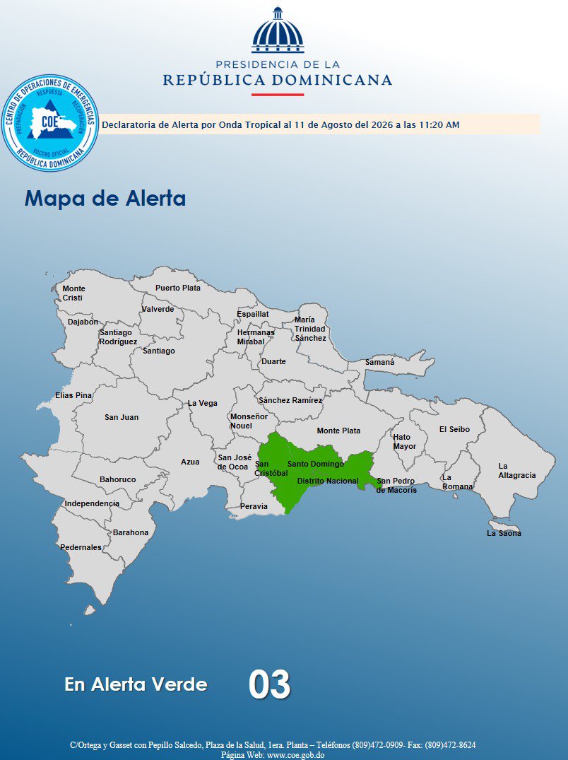 COE_RD's tweet photo. El COE coloca 02 provincias y el Distrito Nacional en alerta verde, debido a que el informe del INDOMET, establece que producto del arrastre del viento y los efectos de una onda tropical, estarán generándose durante la tarde, incrementos nubosos acompañados de aguaceros moderados https://t.co/wVclog39qv