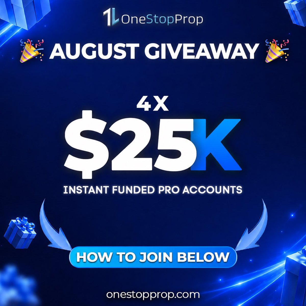 One_Stop_Prop's tweet photo. OneStopProp August Giveaway 

We’re giving away 4 of our new $25K Funded Pro Accounts 100% FREE.

Here’s how to enter:
1️⃣ Follow @One_Stop_Prop 
2️⃣ Like this post
3️⃣ Tag 3 traders who need funding
4️⃣ Comment “PRO” if you’re ready to trade funded capital

Winners will be announced Friday!