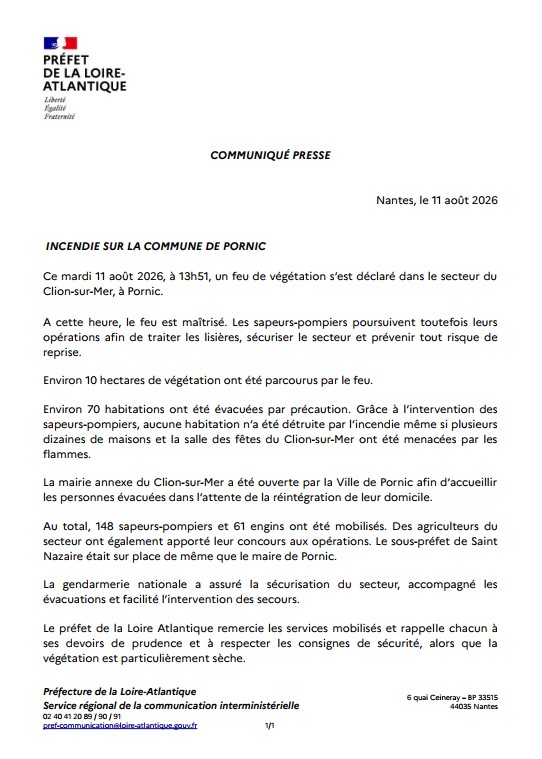 Image de Préfet des Pays de la Loire et de Loire-Atlantique - #Incendie | L’incendie qui s’est déclaré sur la commune de Pornic est désormais maîtrisé. Les sapeur