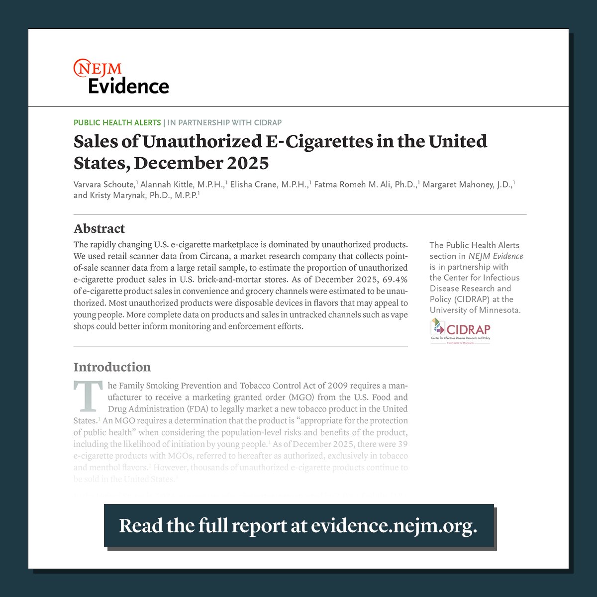 NEJMEvidence's tweet photo. 𝐍𝐨𝐰 𝐚𝐯𝐚𝐢𝐥𝐚𝐛𝐥𝐞 𝐢𝐧 𝑵𝑬𝑱𝑴 𝑬𝒗𝒊𝒅𝒆𝒏𝒄𝒆! 

A new Public Health Alerts report, published in partnership with @CIDRAP: Sales of Unauthorized E-Cigarettes in the United States, December 2025 https://t.co/hnfAsAVdi6 

#TobaccoControl #PublicHealth https://t.co/zZZQAp1chN