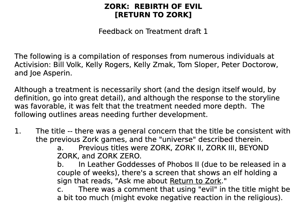 GameHistoryOrg's tweet photo. Part of VGHF's William Volk collection, here's never-before-seen Activision internal feedback on the written treatment for 'Zork: Rebirth Of Evil' (shortly to become 1993's point and click game Return To Zork): https://t.co/RSUIlUqsRy https://t.co/mY0VysR9iF