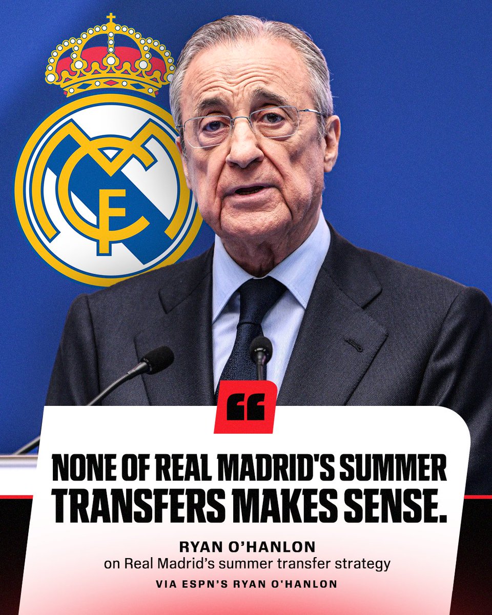 ESPNFC's tweet photo. ESPN's Ryan O'Hanlon was NOT impressed with Real Madrid's summer acquisitions 😳
￼
* José Mourinho
* Yan Diomandé
* Denzel Dumfries
* Marc Cucurella
* Bernardo Silva
* Ibrahima Konaté https://t.co/DS9DTschRX