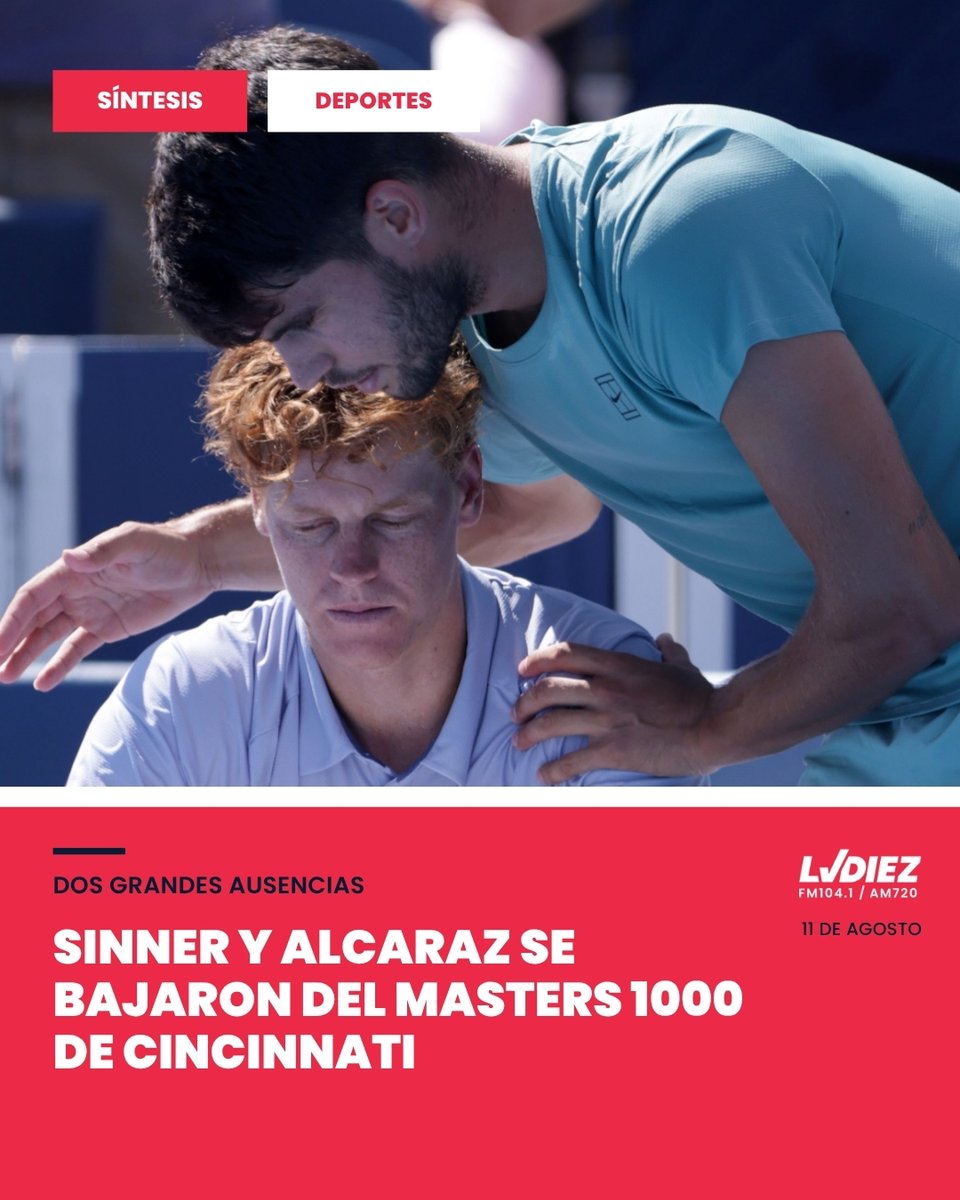 LVDiez's tweet photo. 🎾 SINNER Y ALCARAZ, BAJAS EN CINCINNATI | SÍNTESIS

Jannik Sinner, número uno del mundo, se retiró por una lesión en la rodilla derecha.
Carlos Alcaraz, campeón defensor y N°2 del ranking, tampoco jugará por una lesión persistente en la muñeca derecha. https://t.co/rUy9lFaN3T