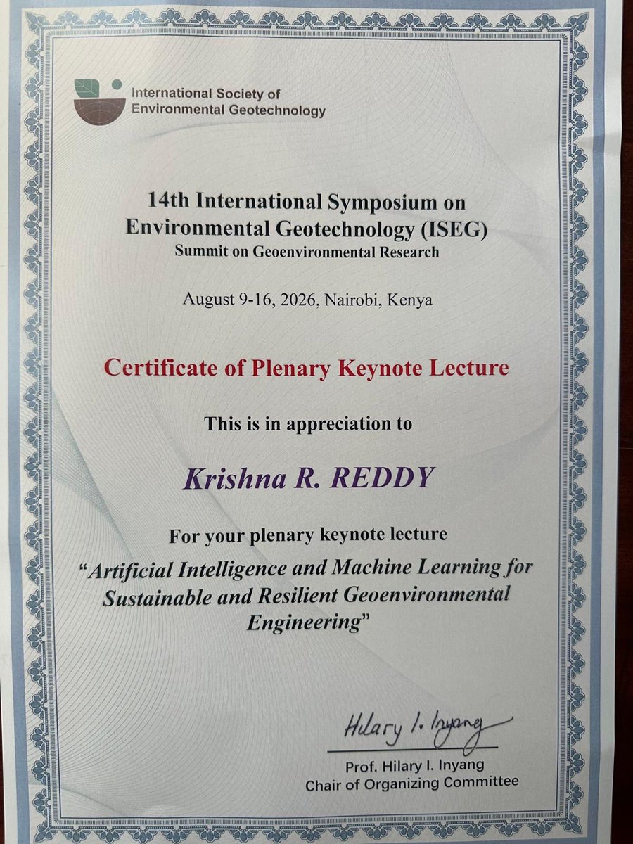 geoenlab's tweet photo. Presented Plenary Keynote Lecture at the 14th International Symposium on Environmental Geotechnology (ISEG) on August 10, 2026, in Nairobi, Kenya. My presentation was titled “Artificial Intelligence and Machine Learning for Sustainable and Resilient Geoenvironmental Engineering”. https://t.co/aFBnKn1pVC