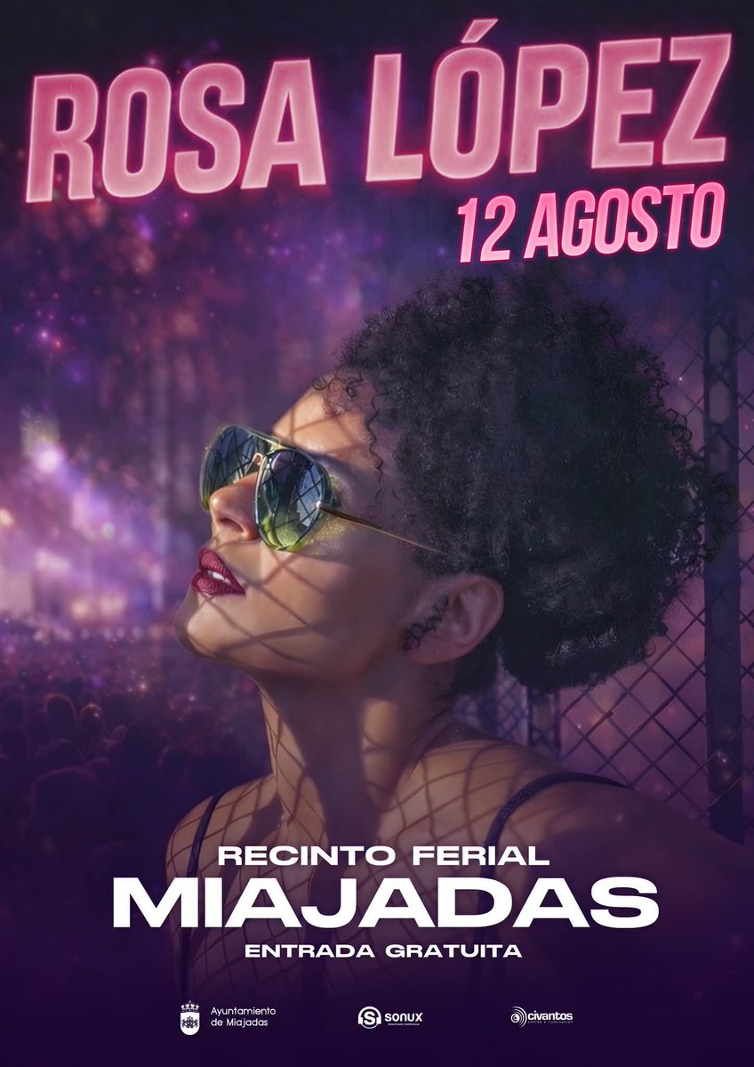 NewsRosaLopez's tweet photo. 🔻ROSA LÓPEZ EN CONCIERTO🔻
El próximo miercoles, 12 de agosto, #Cáceres recibe a @RosaLopez en concierto.
⏰️A las 00:00h
📍Recinto Ferial, #Miajadas
🎟Entrada Gratuita
#extremadura #conciertos https://t.co/fkq7cPWjtv