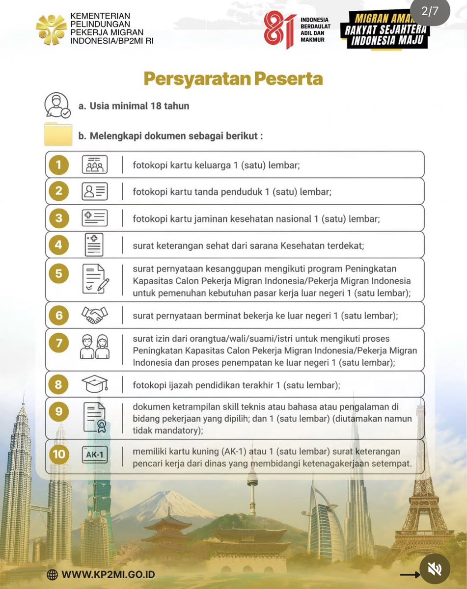 genzcorporation's tweet photo. Program Pelatihan dan Sertifikasi Resmi dan Gratis untuk Persiapan Kerja Ke Luar Negeri. Terbuka untuk seluruh Warga Indonesia‼️

- Tujuan penempatan: Malaysia, Taiwan, Jepang, Korea Selatan, Timur Tengah dan Kawasan Eropa
- Sektor: Kesehatan, Hospitality, Manufaktur, Transportasi, Agrikultur, dll.

Pendaftaran dibuka mulai besok 12 Agustus - 16 Agustus 2026. Cek info detailnya disini: