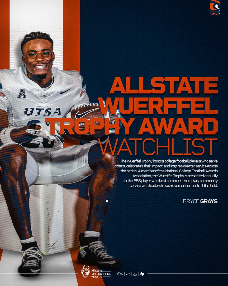 UTSAFTBL's tweet photo. Bryce Grays has been named to the #AllstateWuerffelTrophy Watch List!

📰 https://t.co/e8PJKWB7Rb

#210TriangleOfToughness | #BirdsUp 🤙 https://t.co/uM3pY7OLv1
