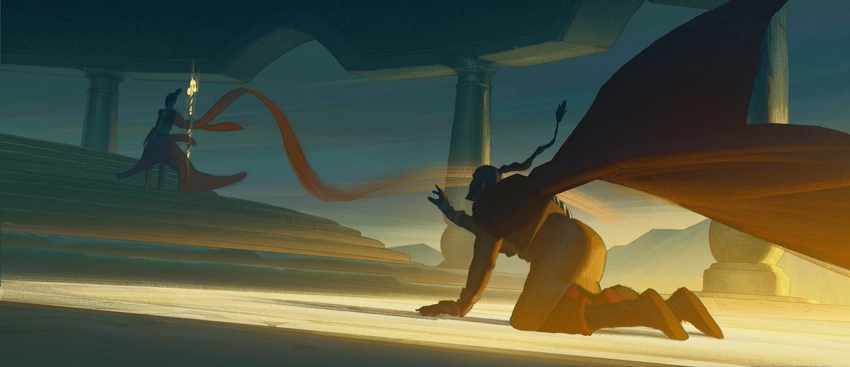 Chuwenjie's tweet photo. Sonam turning her back on Tagah and what he stands for. I made these paintings for the flashback sequences in Avatar Aang! https://t.co/1kirSZIapr