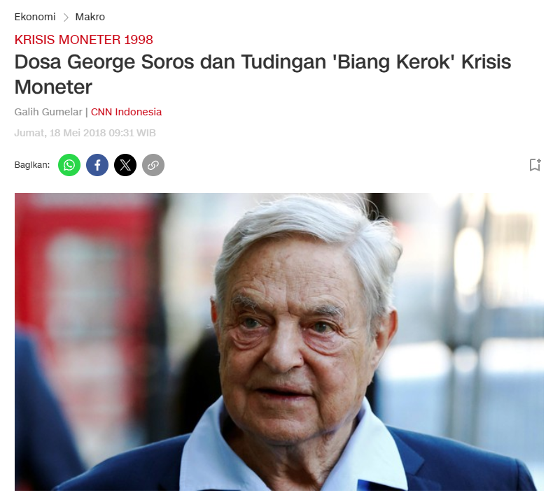 SIVENNN5s's tweet photo. Disini awal mula nya kata antek-antek asing mulai di pakai 

Soeharto beberapa kali di forum-forum resmi (termasuk KTT ASEAN dan pernyataan-pernyataan pemerintah) nyebut bahwa krisis yang menghantam Rupiah itu bukan murni karena fundamental ekonomi Indonesia yang lemah, tapi ada "tangan-tangan" spekulan asing yang sengaja bermain di pasar valas buat cari untung dari volatilitas nilai tukar negara-negara Asia.

Padahal IMF sendiri mencatat Indonesia sudah punya masalah struktural: utang luar negeri swasta yang besar dan banyak tidak di-hedge, perbankan yang rapuh, capital flight, hilangnya kepercayaan terhadap rupiah, serta contagion dari krisis Asia.

Bahkan pada awal 1998, IMF menyebut depresiasi rupiah terutama mencerminkan hilangnya kepercayaan terhadap mata uang, sektor finansial, dan ekonomi secara keseluruhan