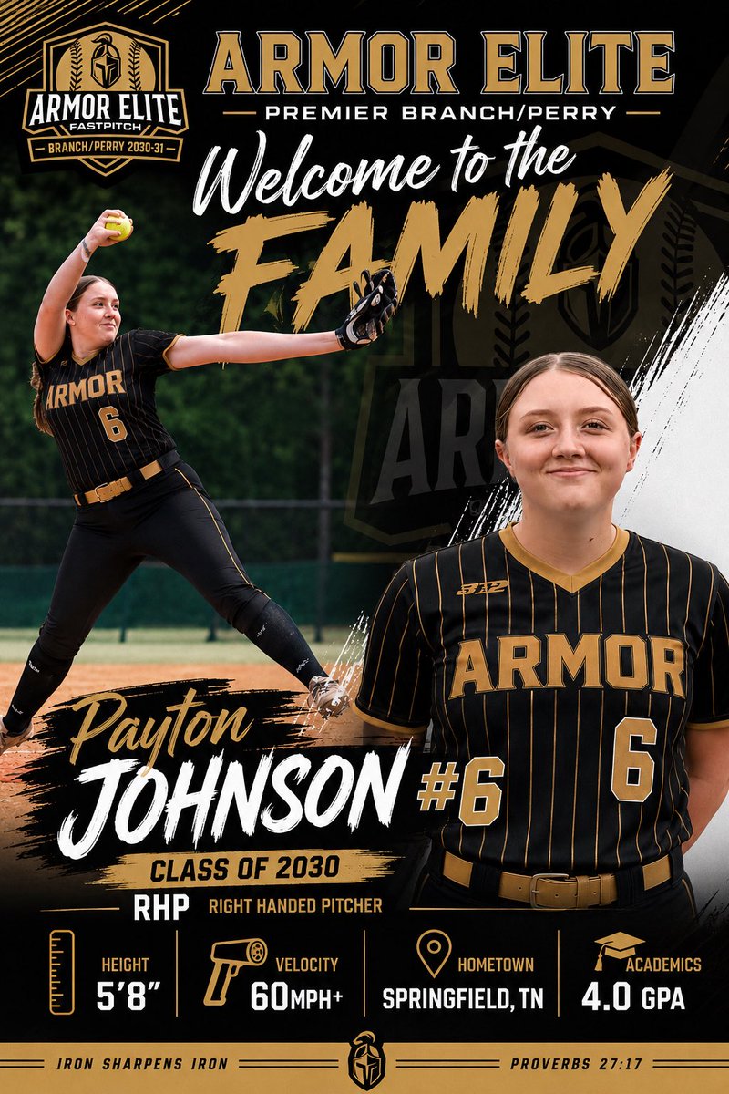 AEPBranchPerry's tweet photo. Please help us welcome Payton Johnson to Armor Elite Premier Branch/Perry! ! 🖤💛

We’re excited to add another outstanding competitor to our roster. 

Payton is the definition of a true competitor. She brings tremendous power, exceptional spin, and the ability to attack hitters with confidence every time she steps into the circle. As a nationally competitive player, she understands what it takes to compete against some of the best talent in the country and never backs down from a challenge.

What makes Payton even more impressive is who she is away from the field. Maintaining a 4.0 GPA while competing at a high level speaks volumes about her work ethic, discipline, and character. She’s the kind of student-athlete every program wants.

We’re confident Payton’s talent, competitiveness, and leadership will make an immediate impact on Armor Elite Premier Branch/Perry. We can’t wait to see what she’ll accomplish in black and gold.

Welcome to the family, Payton! 🖤💛

@toppreps @armorelitefp @d1softball
@linedsoftball @gatorjack72 @softbalamerica @usasoftballrec @extrainningSB @fastpitchwatch @prepsoftball @d1fastpitch1  @TOP_D1recruits @SBRRetweets @coastrecruitsSB @softballdown @payton_J6
