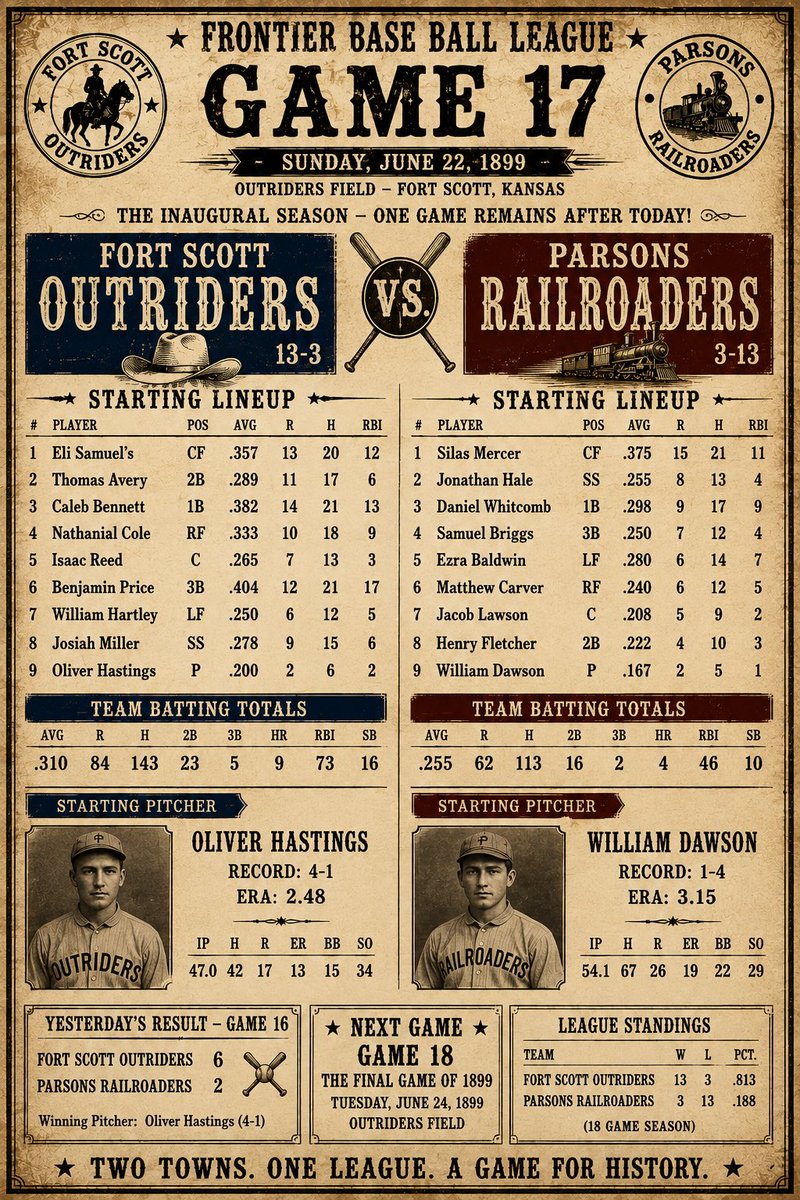FrontierBBL's tweet photo. ⚾ GAME 17 — STARTING LINEUPS ARE SET!

🤠 Fort Scott Outriders 13–3
🚂 Parsons Railroaders 3–13

⭐ Fort Scott: Eli Samuel’s, Thomas Avery, Caleb Bennett, Nathanial Cole, Isaac Reed, Benjamin Price, William Hartley, Josiah Miller, Oliver Hastings.

🚂 Parsons: Silas Mercer, Jonathan Hale, Daniel Whitcomb, Samuel Briggs, Ezra Baldwin, Matthew Carver, Jacob Lawson, Henry Fletcher, William Dawson.

🔥 One game remains after today!

#FrontierBaseBall #Game17 #1899BaseBall
