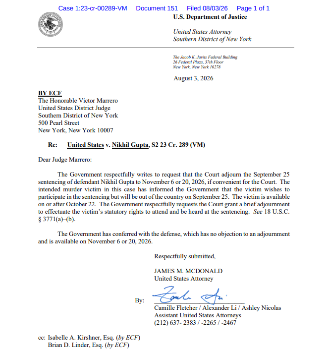 MattooShashank's tweet photo. NEW: US government requests a delay in jail sentencing of Nikhil Gupta in Pannun assassination plot case till November in order to allow Gurpatwant Pannun to participate in the sentencing https://t.co/VlxSctqQNG