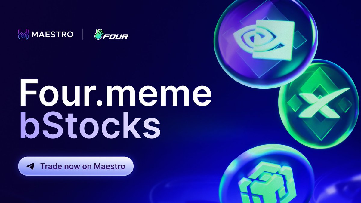 MaestroBots's tweet photo. Check out https://t.co/JFz9G55Kdg Stocks on Maestro

Trade every tokenized stock on @fourdotmemezh with Maestro’s fast execution and up to 30% cashback.

Never miss a play with Maestro 🪄 https://t.co/YIUXc3h6Og