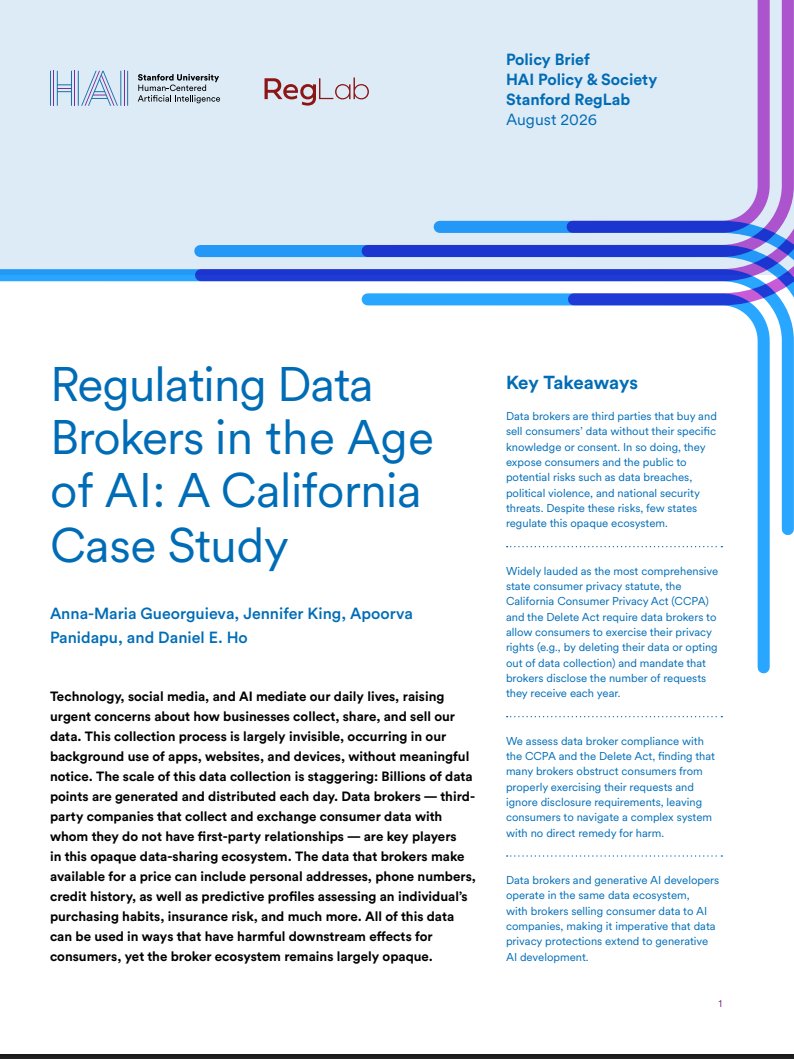 StanfordHAI's tweet photo. 📢 New policy brief: Data brokers sell your personal data — including to AI developers — yet most states don't regulate them. Our latest brief examines compliance with California’s data broker regulations and calls for stricter data privacy protections nationwide. https://t.co/ZrtFFz1fpZ