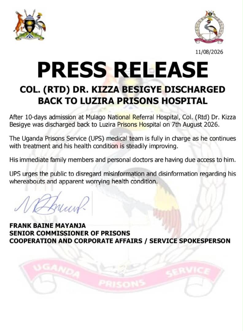 Report_256's tweet photo. Uganda Prisons Service has confirmed that Col. (Rtd) Dr. Kizza Besigye returned to Luzira Prisons Hospital on August 7 after a 10-day admission at Mulago Hospital.

UPS says his health is steadily improving, with his family and personal doctors having access to him.

#Report256 https://t.co/jQXUntwPul