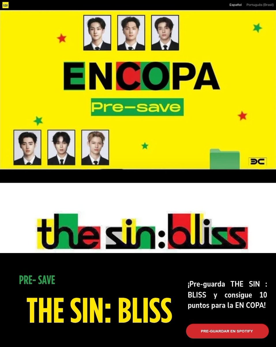 ENCOPA_LATAM's tweet photo. 🚨¡ENGENE LATAM, SÍ, TÚ!

Sí, tú que ya estás registrada en EN COPA. 👀
Puedes participar en la nueva dinámica que tenemos preparada para ti.

🎧 Cada pre-save del álbum THE SIN : BLISS de ENHYPEN tendrá un valor de 10 puntos, otorgados individualmente a cada Engene que participe y cumpla con el proceso. 

•Participa aquí: [https://t.co/xX2QxHBMvL]

🇧🇷 Participe aqui: [https://t.co/NqXJ5ieroJ]

¡Únete y sé parte de esto! 💛
Hagamos que cada pre-save cuente.

#ENCOPALATAM
#ENHYPEN