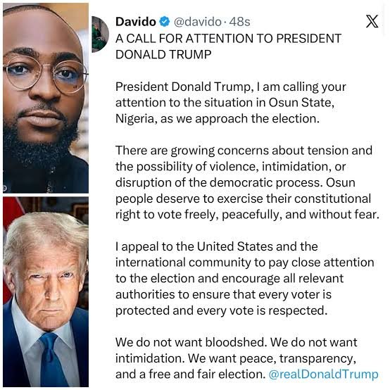 EkeneAninze's tweet photo. Davido is petitioning the APC and calling on Donald Trump to intervene in the Osun election so that there will be a free and fair election.

I will like to believe that the only reason Davido is at the front burner, championing for a free and fair election, is because it affects his family directly.

Davido does this every four years whenever his uncle is contesting an election. He pulls out his shots, calling on all necessary international bodies to intervene.

But immediately the elections are over, he becomes less bothered about what becomes the fate of the general elections.

Well, to me, I see whatever Davido is doing as just interest and nothing more.

If it were not directly connected to his family, would he be this passionate about the general state of our elections?

Nevertheless, I wish him and his uncle well in their political battle ahead of August 15.

I am Ekene Aninze, Esq.